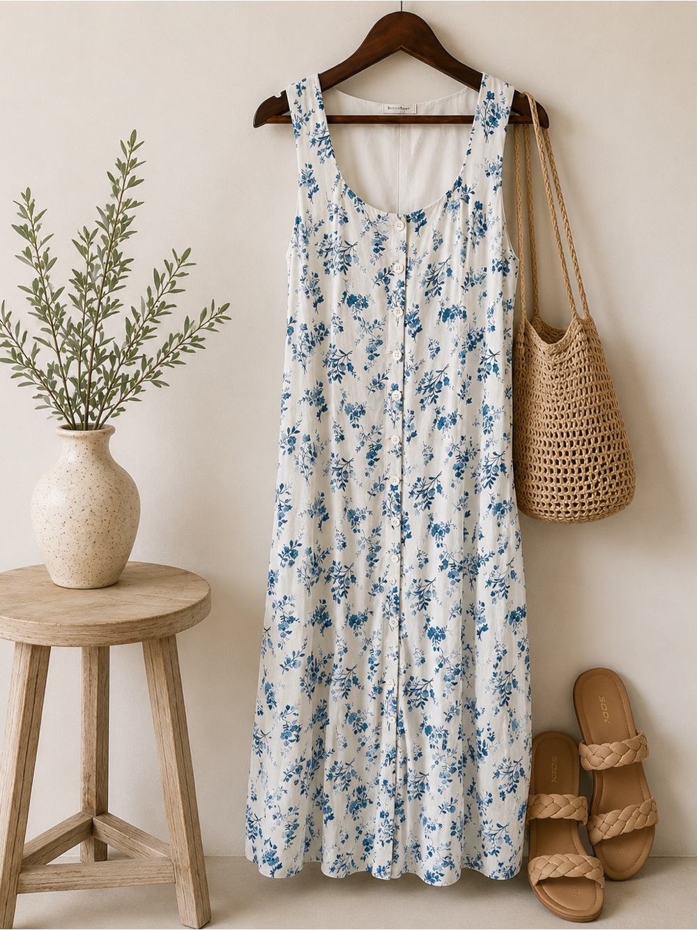 Blu Pepper Floral Button Front Dress | Blue White Tie Back | Size Large